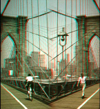Anaglyph of Coming & Going image of Brooklyn Bridge by Ted Lambert
